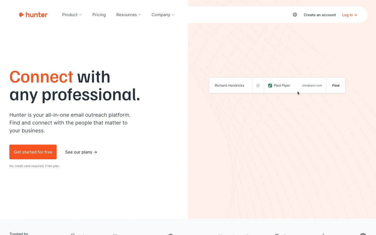Hunter homepage hero for finding professional email contacts